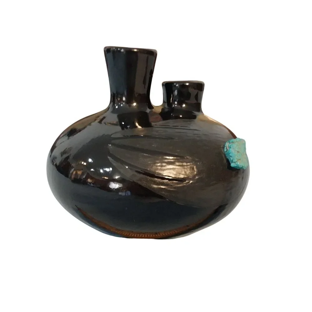 Black Double Spout Vase With Etched Bear Claw and Turquoise Colored Stones